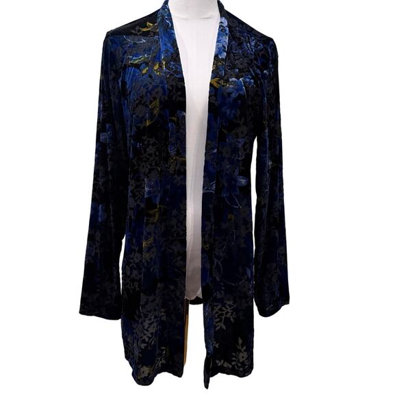 Susan Graver Sweaters - Susan Graver Blue Floral Burnout Velvet Cardigan Medium Sheer Office Fall Winter
